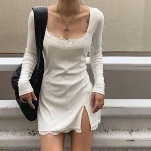 White Long Sleeve Mini Dress with Lace Detailing